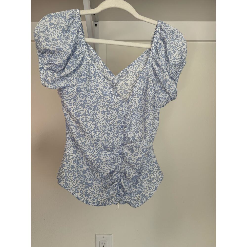 NWOT Sienna Sky Women's Rouched Floral Blouse Size Large Zip Up Blue
